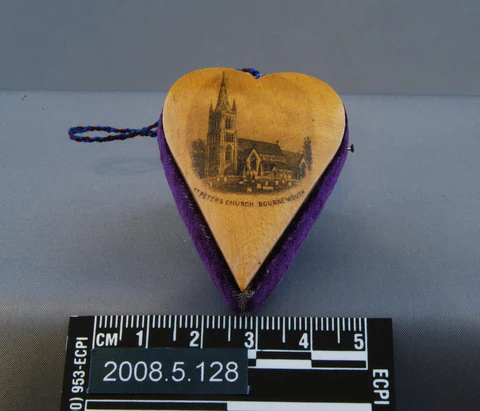 Pincushion, wood, silk, velvet